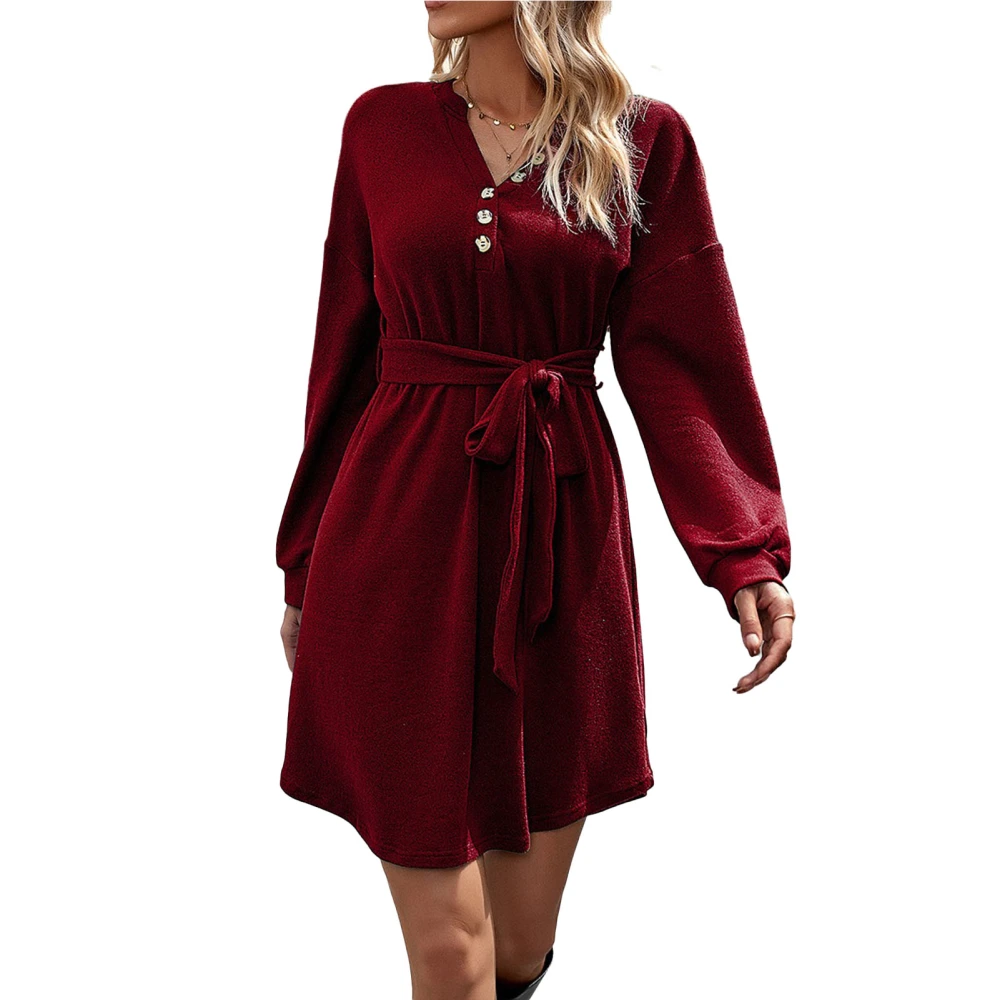 Women Dress V Neck Belted Waist Button Decoration Fashion Comfortable Loose Long Sleeve Dress for Dating Party Red S