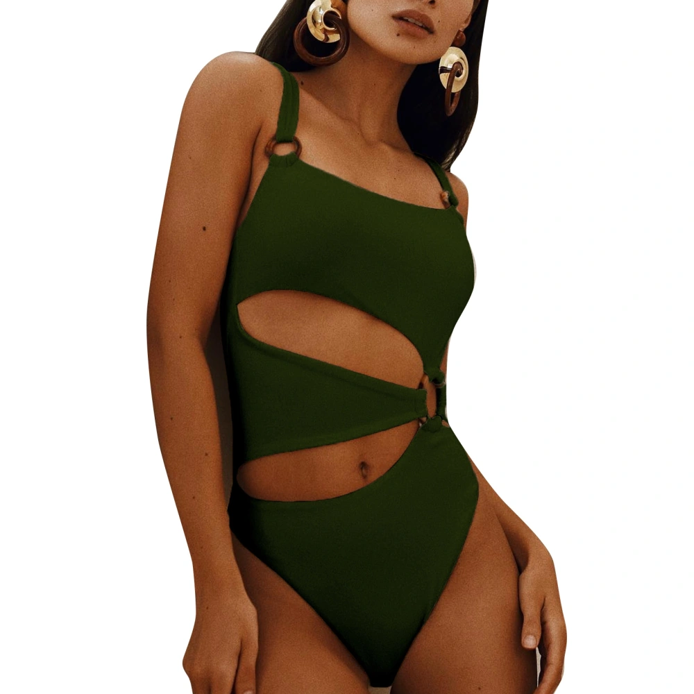 One Piece Swimsuit Hollow Out Lightweight Breathable Elastic Comfortable Decorative Button Women One Piece Swimdress for Party OD Green S