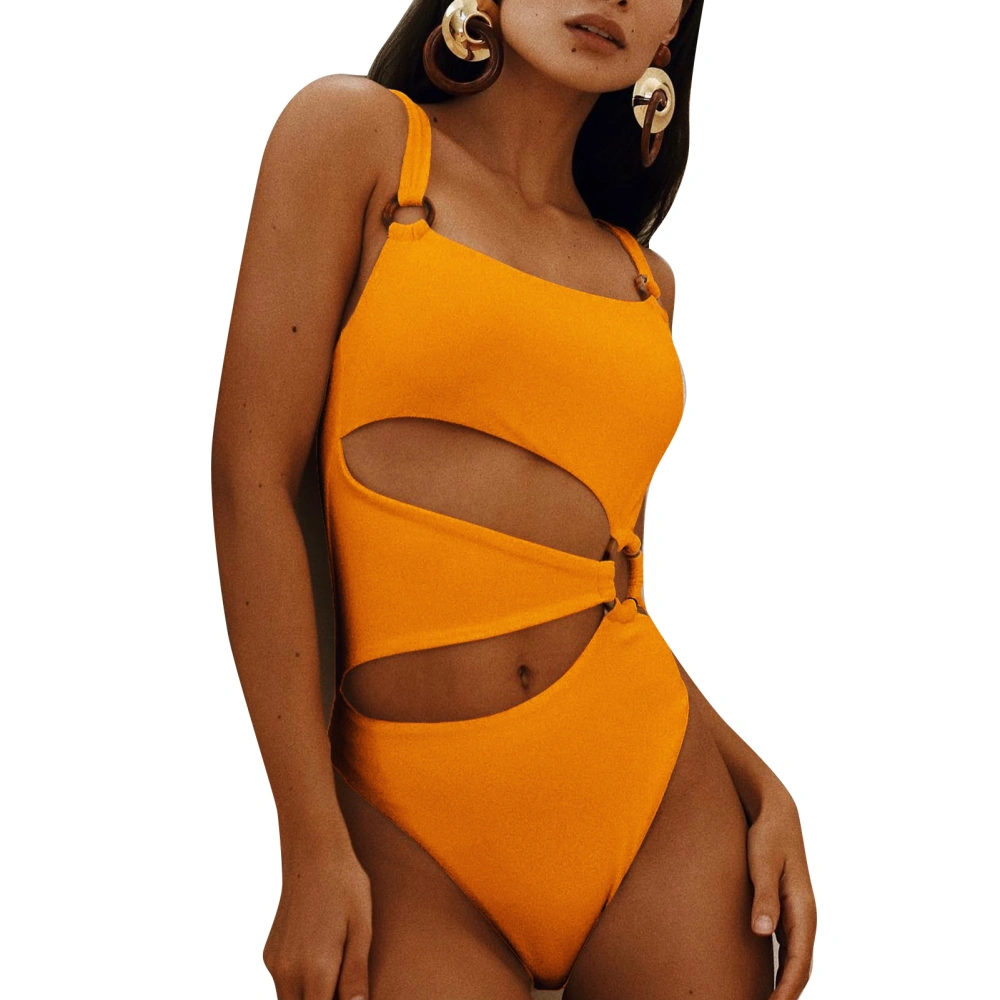 One Piece Swimsuit Hollow Out Lightweight Breathable Elastic Comfortable Decorative Button Women One Piece Swimdress for Party Yellow S