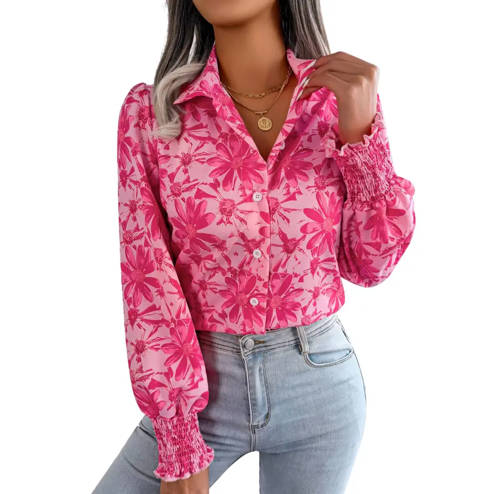 Women Printed Button Up Shirt Floral Color Block Turn Down Collar Fashionable Shirred Cuff Button Up Blouse Pink S