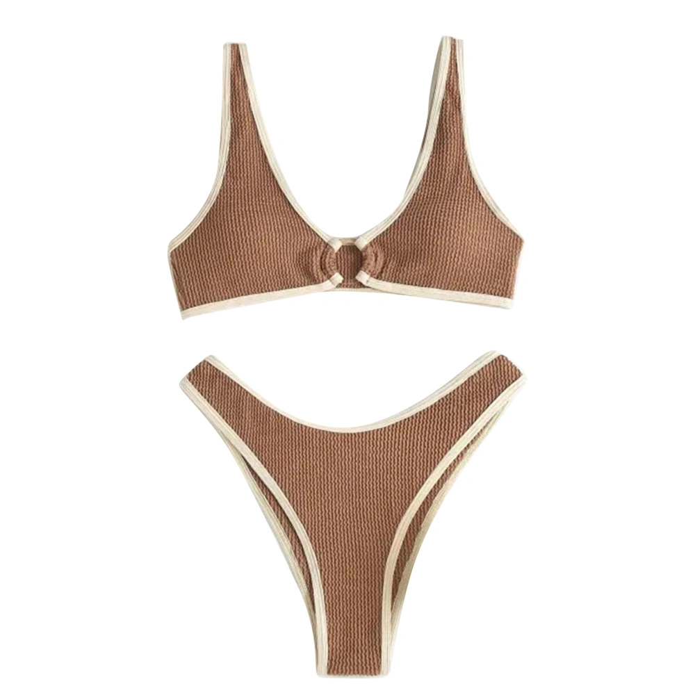 Women Split Swimsuit V Neck Two Piece Swimwear Fashion Bra and Briefs Set for Beach Swimming Pool Brown M