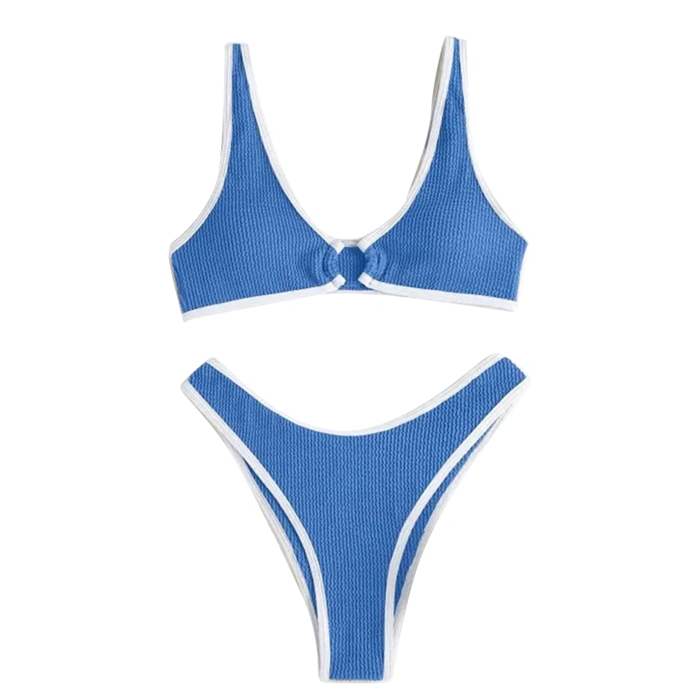 Women Split Swimsuit V Neck Two Piece Swimwear Fashion Bra and Briefs Set for Beach Swimming Pool Blue L