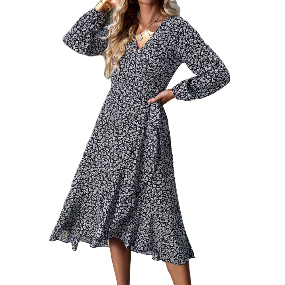 Women Ruffle Long Dress Floral Printed Casual Fitted Long Sleeve V Neck Irregular Cross Long Dress Black S