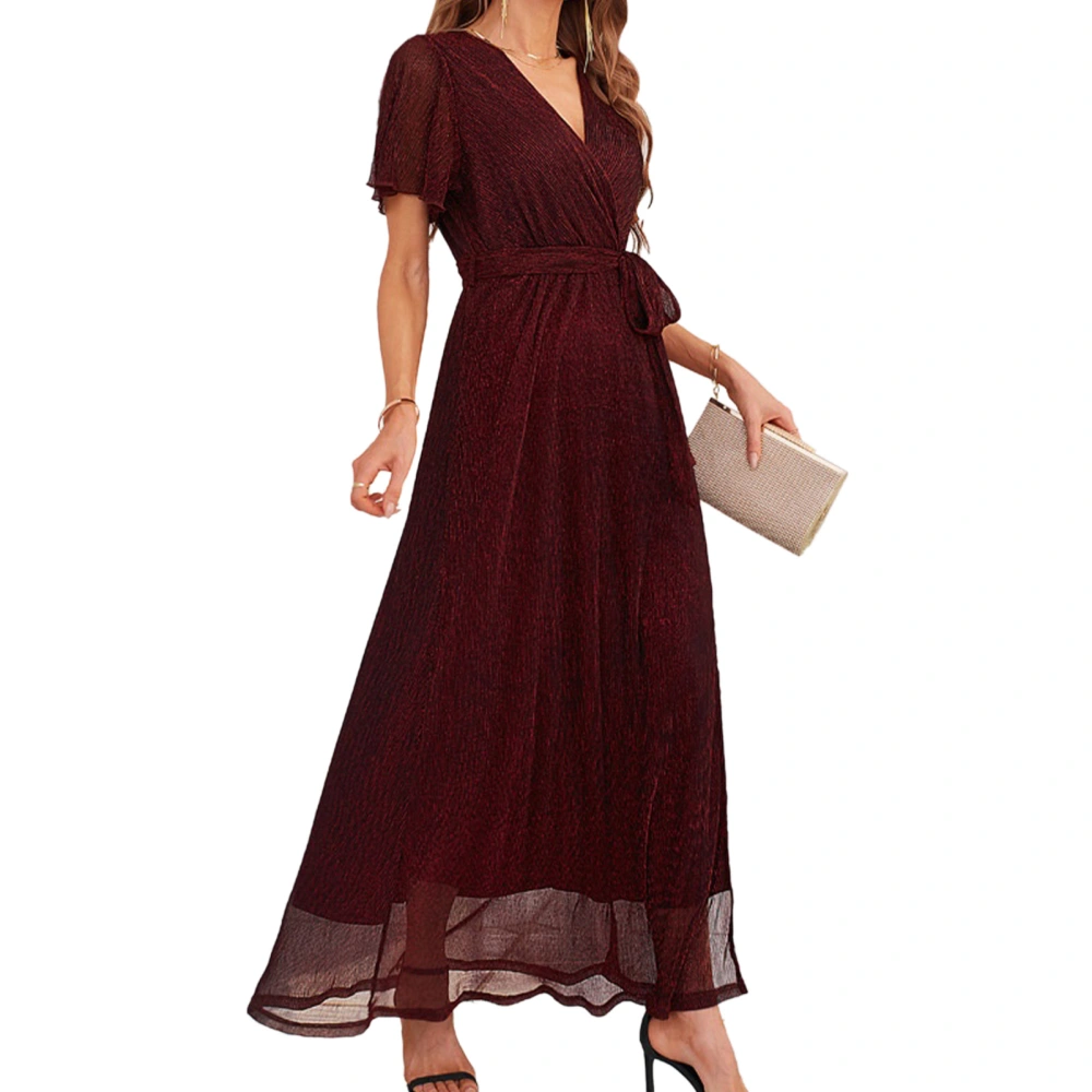 Women Long Dress V Neck Belted Waist Side Slit Design Fashion Comfortable Women Short Sleeve Dress for Dating Party Wine Red M