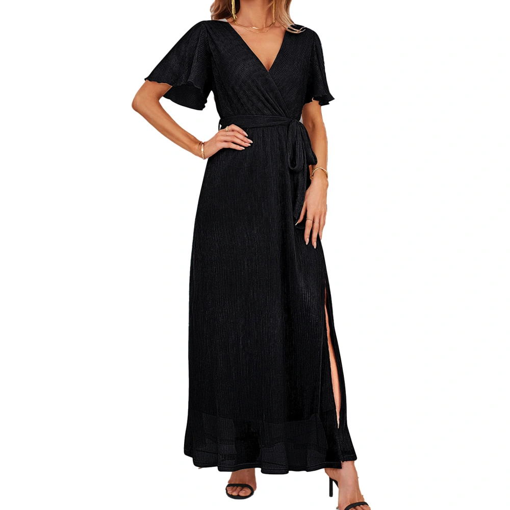 Women Long Dress V Neck Belted Waist Side Slit Design Fashion Comfortable Women Short Sleeve Dress for Dating Party Black L