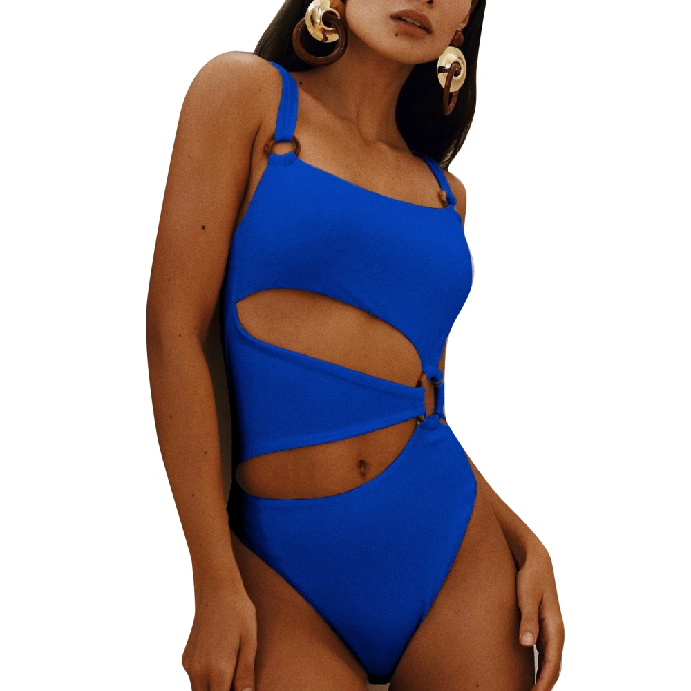 One Piece Swimsuit Hollow Out Lightweight Breathable Elastic Comfortable Decorative Button Women One Piece Swimdress for Party Royalblue L