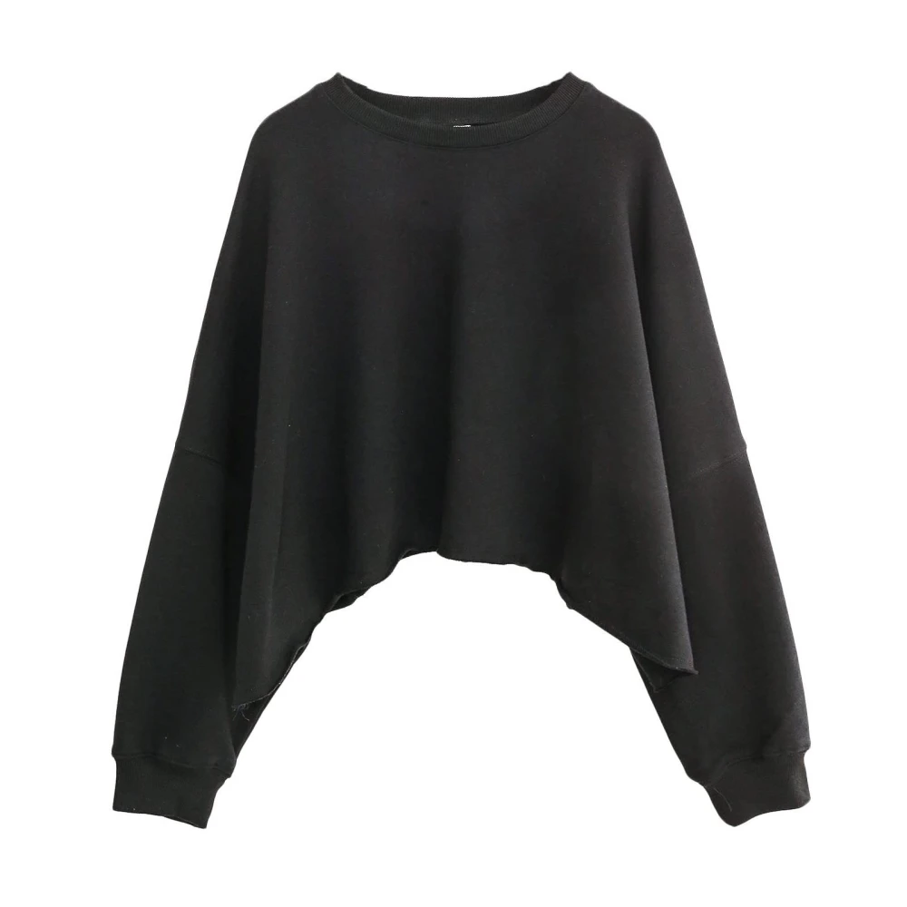 Women Long Sleeve Short Top Casual Round Neck Long Sleeve Short Top Loose Cotton Stylish Pullover Blouse Black Pure Color S