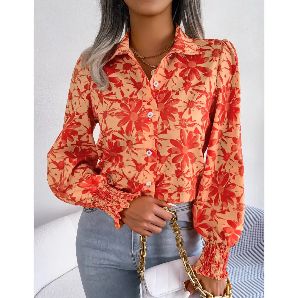 Women Printed Button Up Shirt Floral Color Block Turn Down Collar Fashionable Shirred Cuff Button Up Blouse Orange L