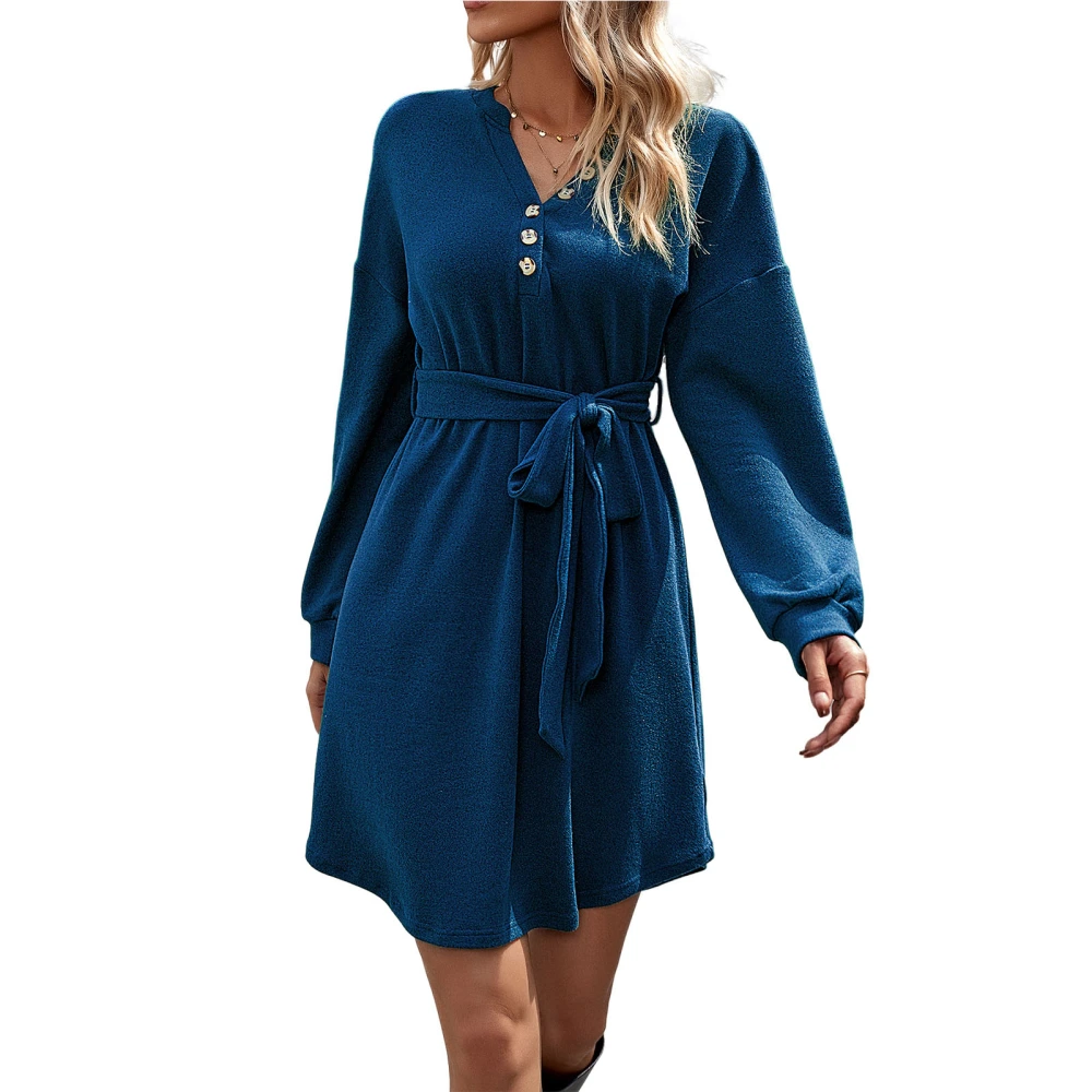 Women Dress V Neck Belted Waist Button Decoration Fashion Comfortable Loose Long Sleeve Dress for Dating Party Blue XL