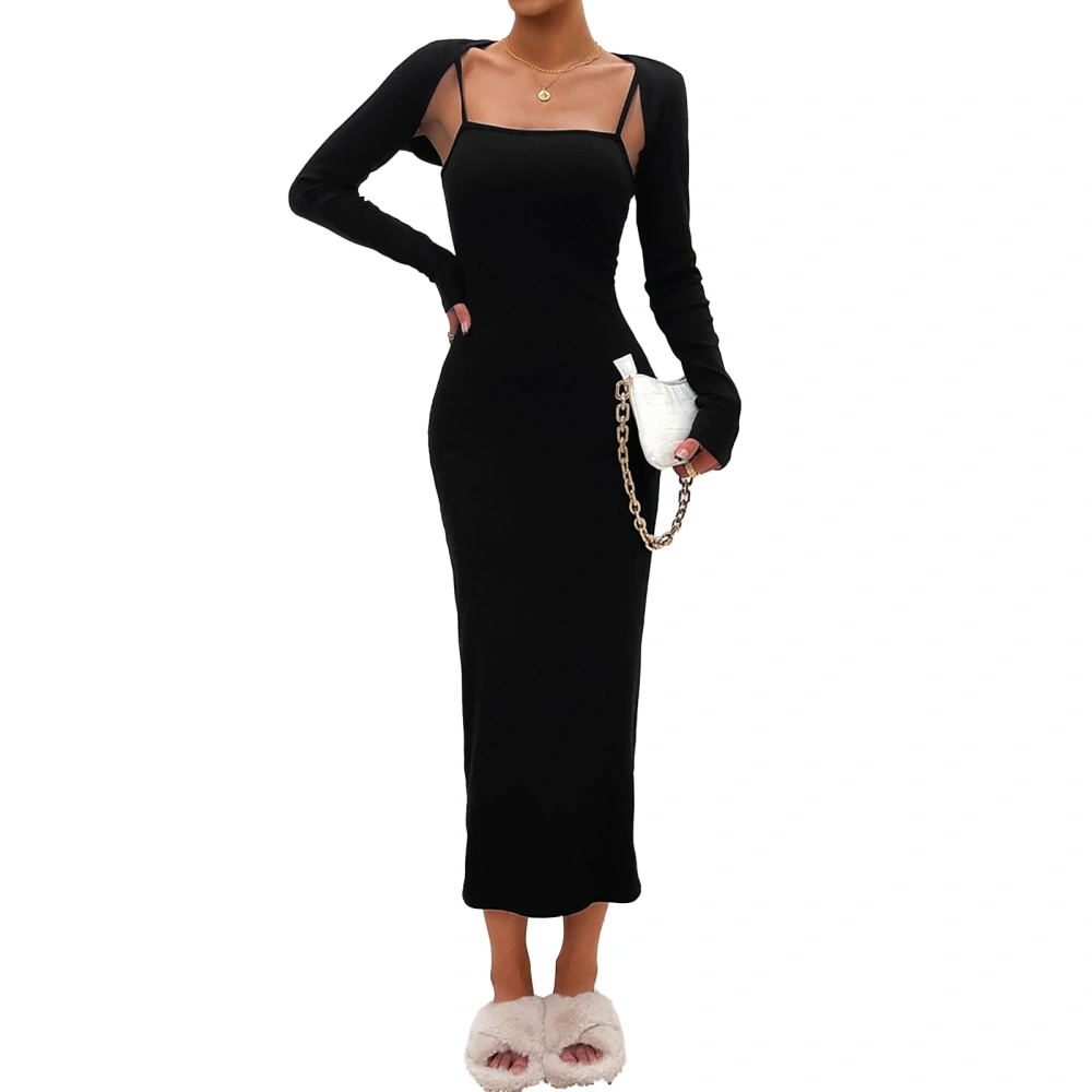 Long Slim Fit Dress Pure Color Sleeveless Casual Slip Long Dress with Long Sleeve Open Front Top Black L