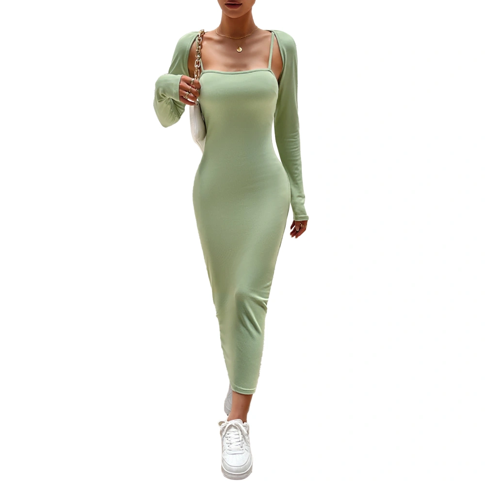 Long Slim Fit Dress Pure Color Sleeveless Casual Slip Long Dress with Long Sleeve Open Front Top Green S