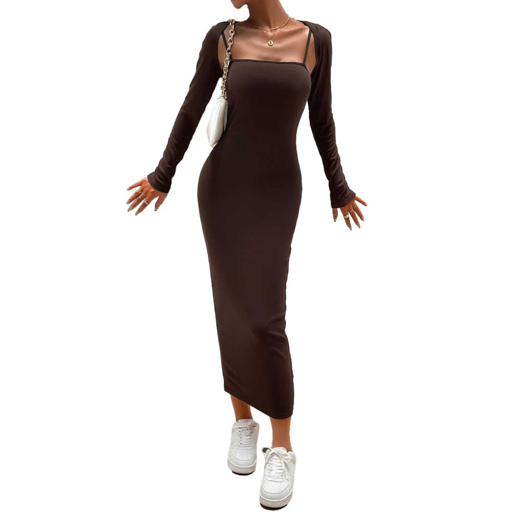 Long Slim Fit Dress Pure Color Sleeveless Casual Slip Long Dress with Long Sleeve Open Front Top Brown XL