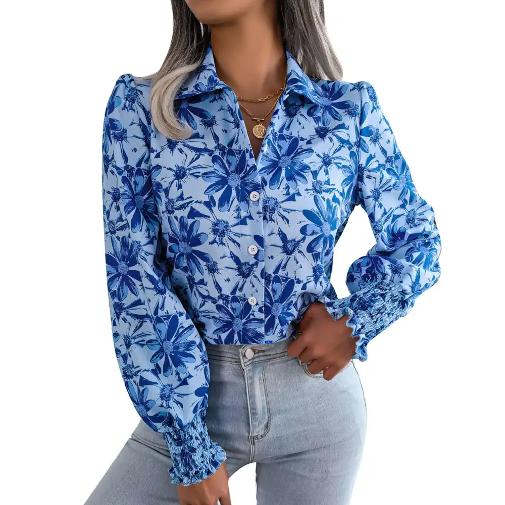 Women Printed Button Up Shirt Floral Color Block Turn Down Collar Fashionable Shirred Cuff Button Up Blouse Blue S