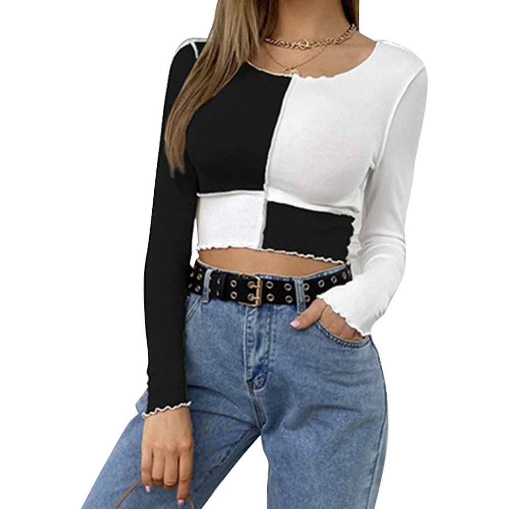 Women Color Block Crop Top Fashion Slim Fitted Long Sleeves Cropped Top for Daily Life Black M