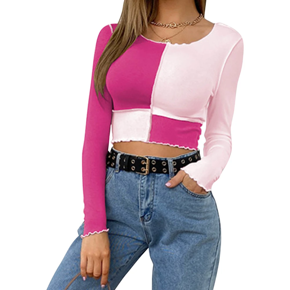 Women Color Block Crop Top Fashion Slim Fitted Long Sleeves Cropped Top for Daily Life Khaki XS