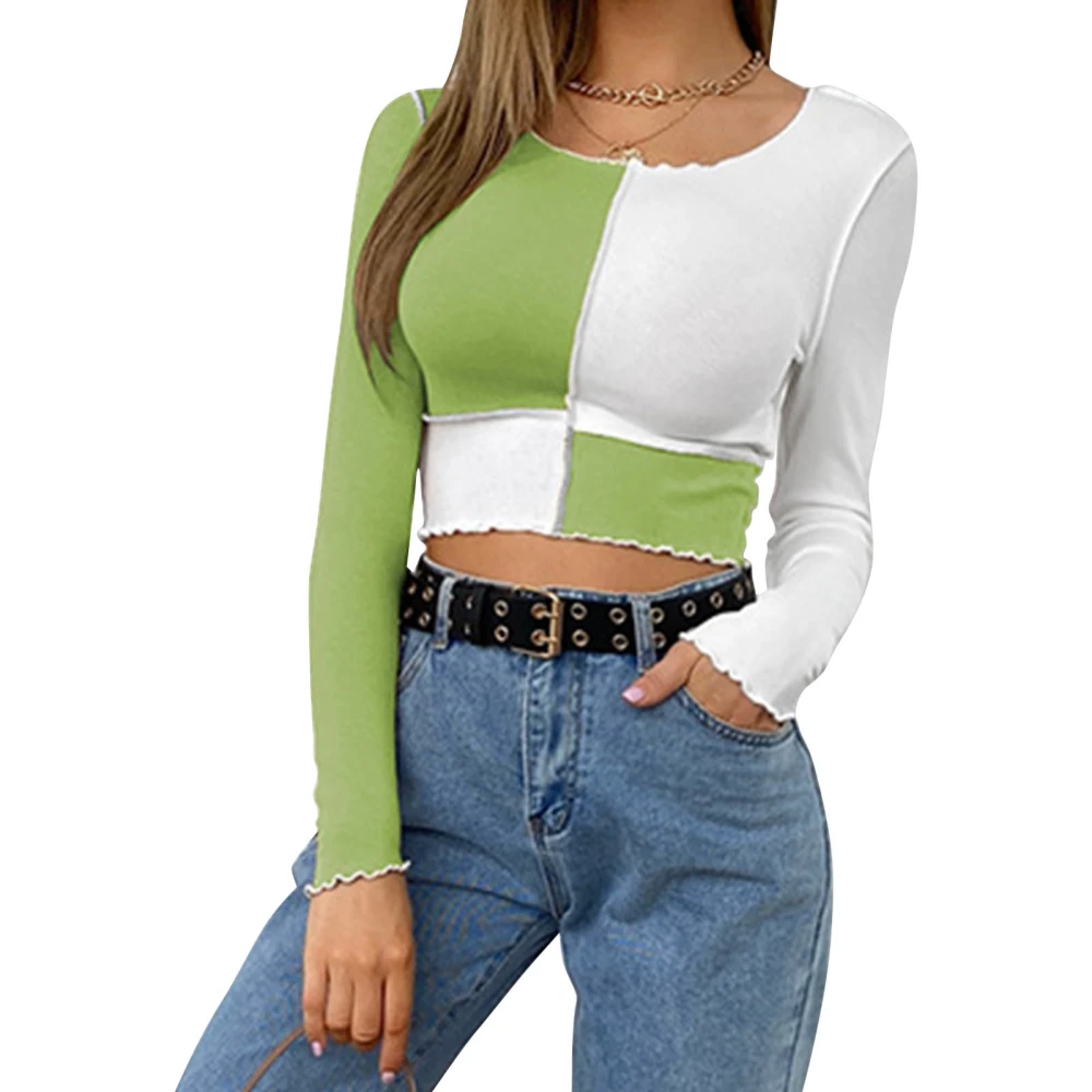 Women Color Block Crop Top Fashion Slim Fitted Long Sleeves Cropped Top for Daily Life Rose Red S