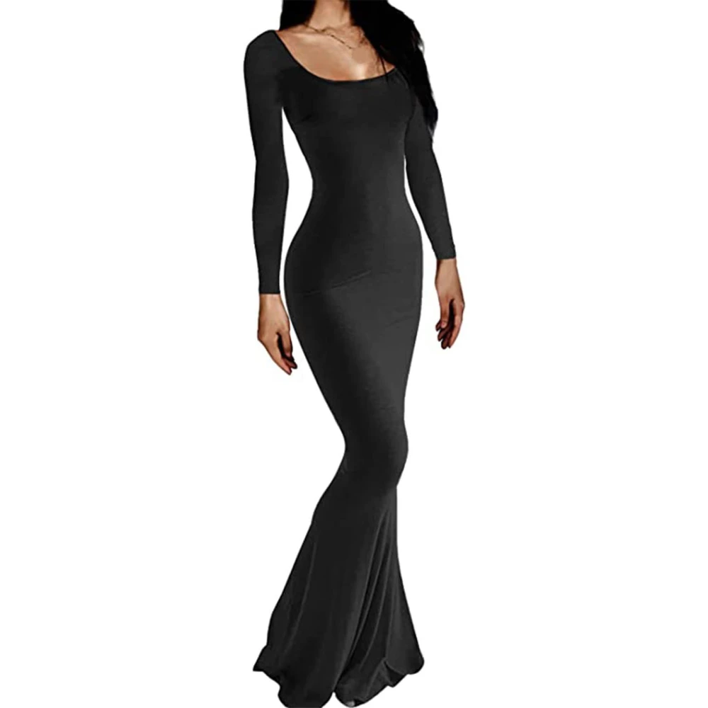 Maxi Tight Dress Round Neck Long Sleeve Slim Elegant Casual Lounge Dress for Wedding Party Dating Black L