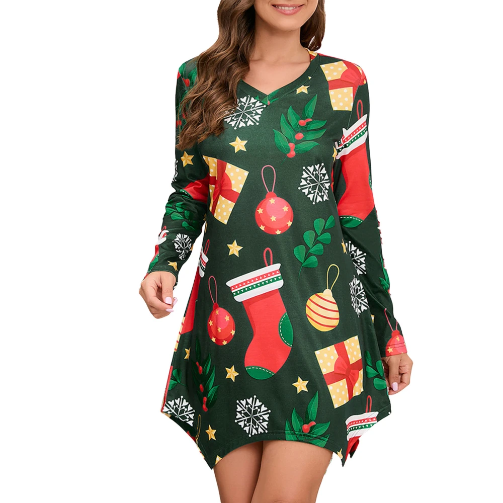 V Neckline Printed Dress Long Sleeve Casual Fitted Irregular Hem Short Dress for Christmas Women Green XL