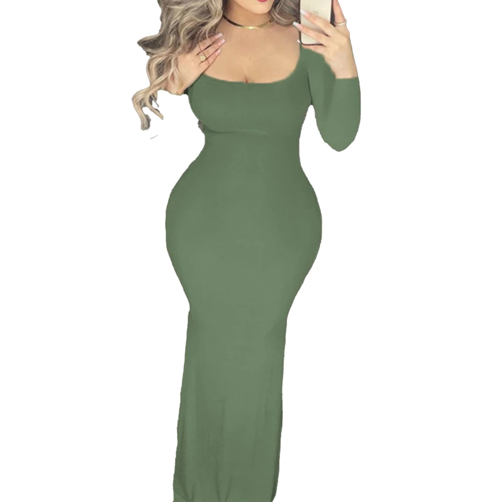 Maxi Tight Dress Round Neck Long Sleeve Slim Elegant Casual Lounge Dress for Wedding Party Dating Green S