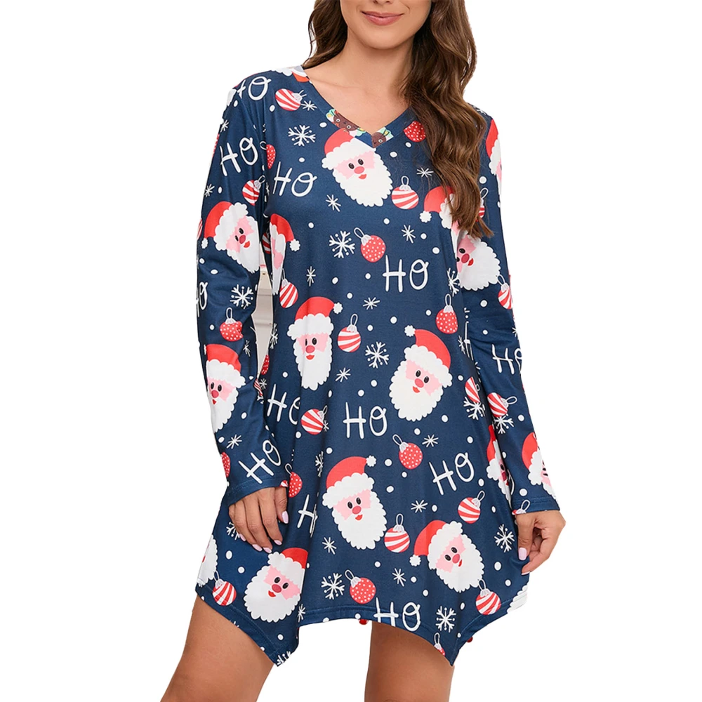 V Neckline Printed Dress Long Sleeve Casual Fitted Irregular Hem Short Dress for Christmas Women Blue Santa M