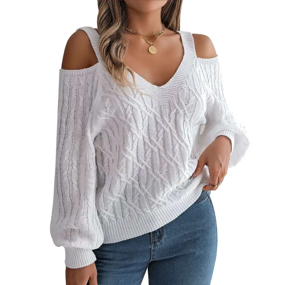 Women Sweater Pure Color V Neck Long Sleeve Cold Shoulder Twisted Pattern Sweater White S