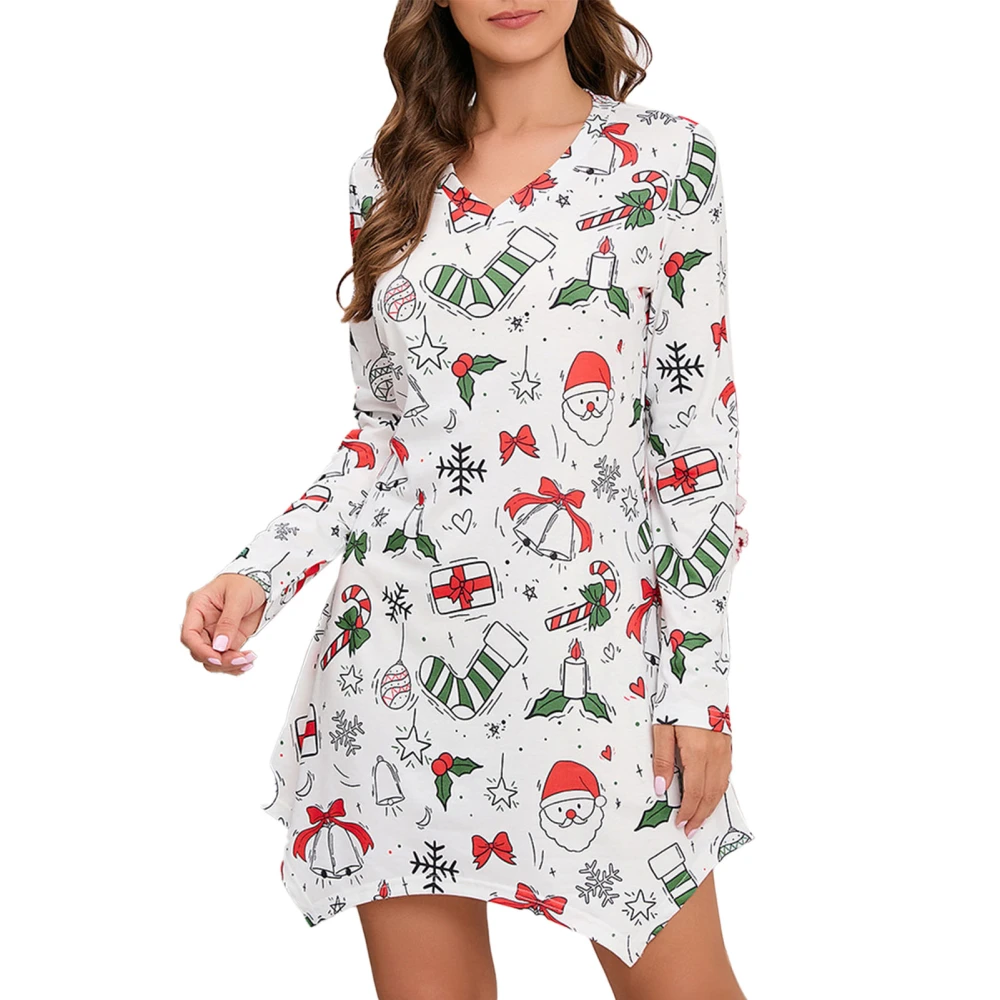 V Neckline Printed Dress Long Sleeve Casual Fitted Irregular Hem Short Dress for Christmas Women White L