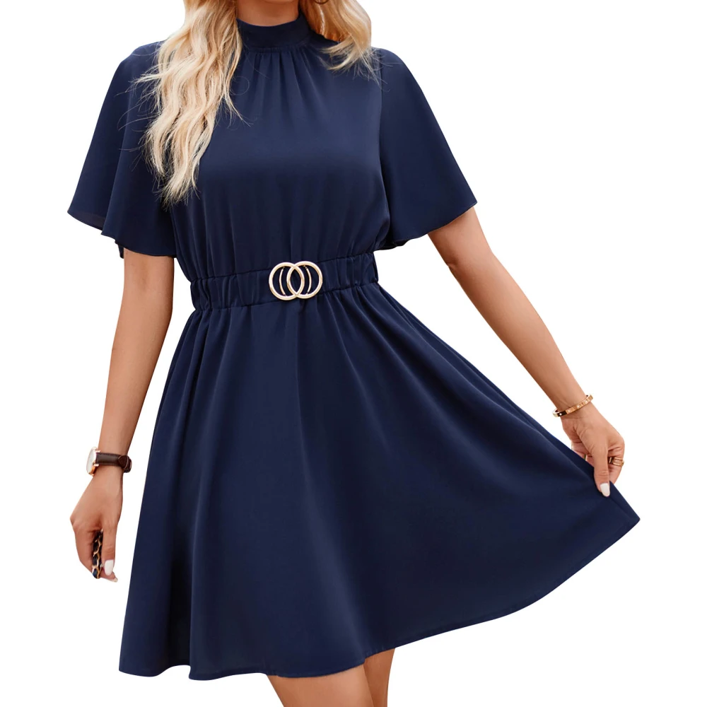 Women Half High Neck Short Dress Elastic Waist Pure Color Ruffle Short Sleeve Flowy Dress Navy Blue S