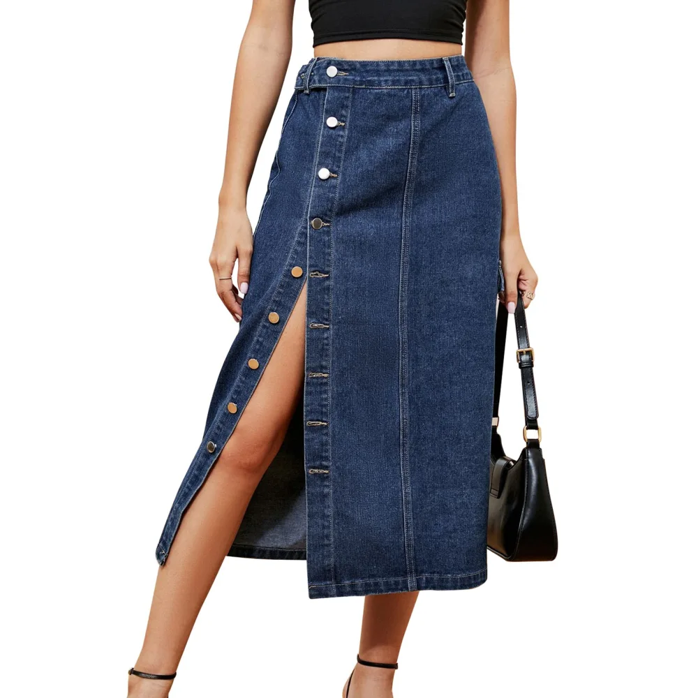 Women Casual Skirt Half Elastic Waist Side Split Button Front Fashion Midi Skirt for Daily Life Blue XL