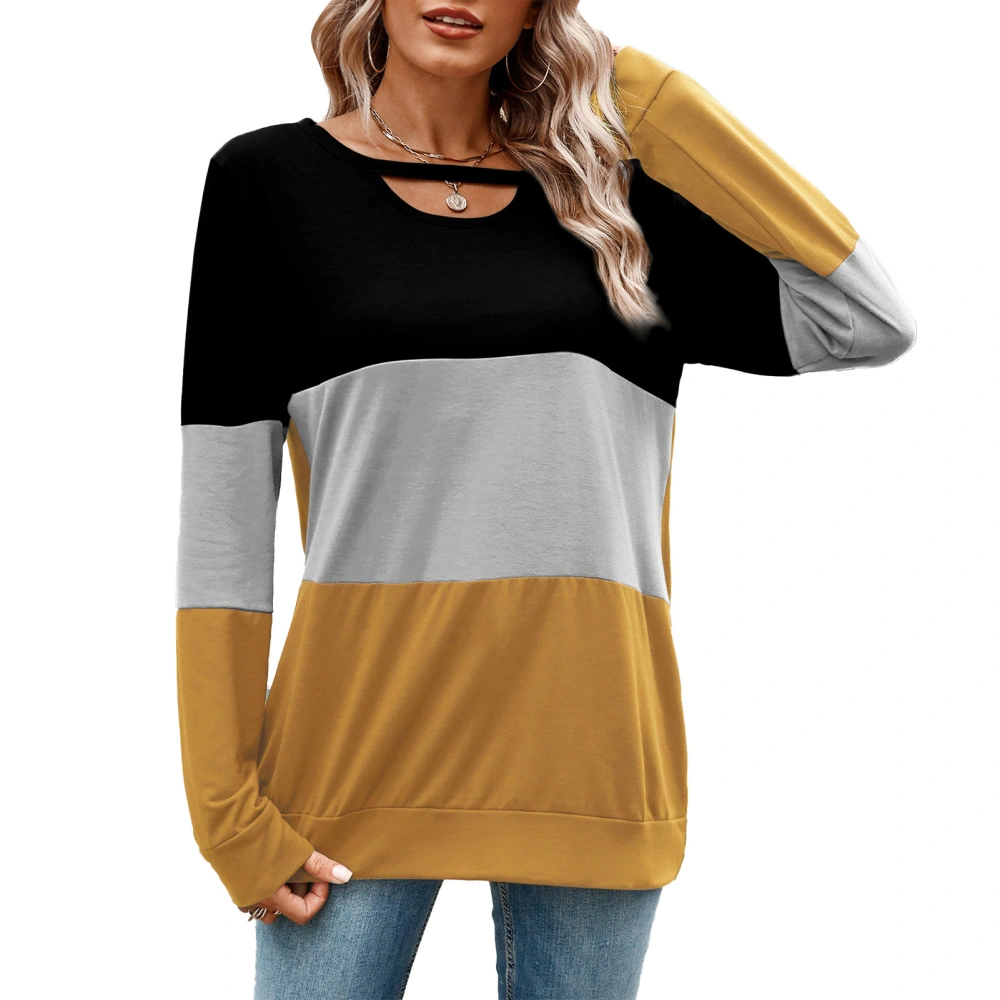 Color Block Cut Out Neck Top Casual Fitted Color Block Long Sleeve Blouse for Women Dark Grey Yellow XXL