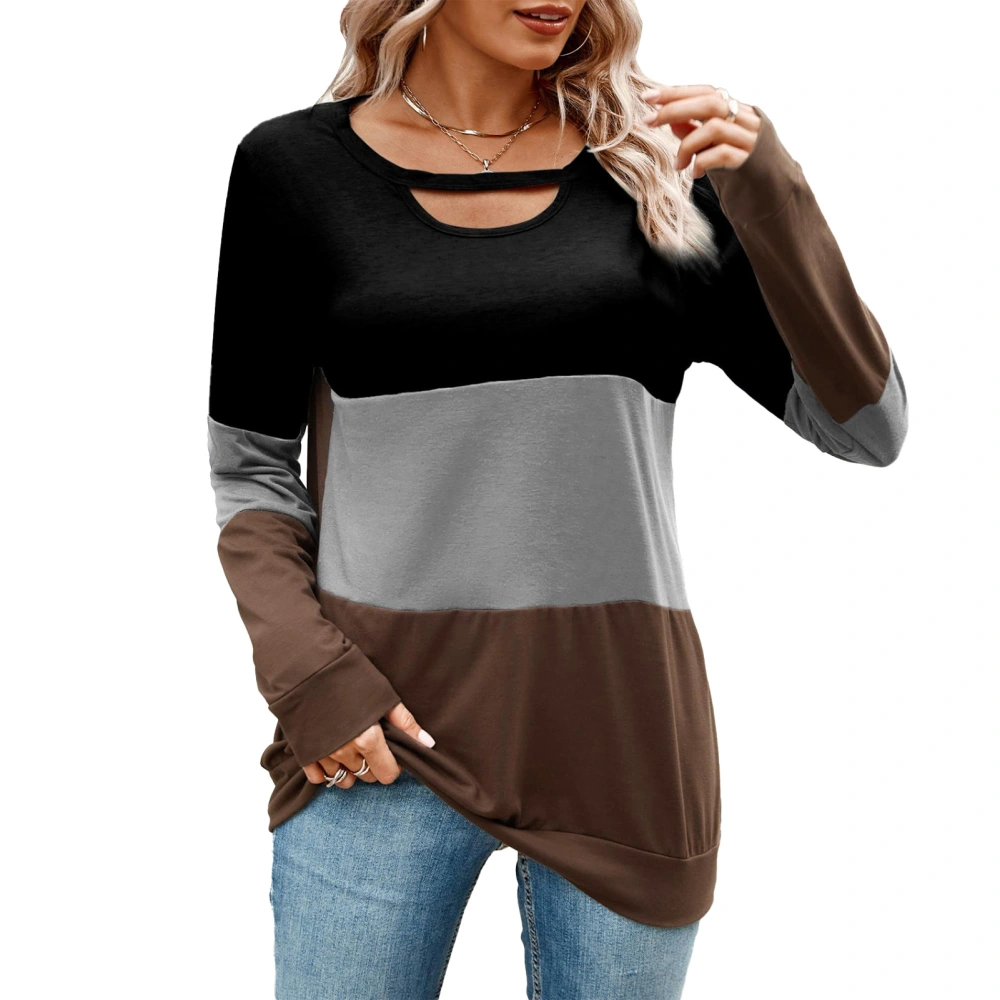 Color Block Cut Out Neck Top Casual Fitted Color Block Long Sleeve Blouse for Women Black Grey and Brown M