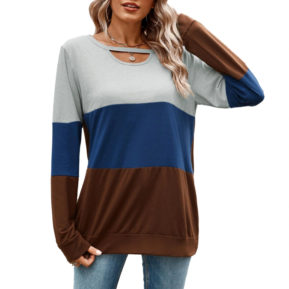 Color Block Cut Out Neck Top Casual Fitted Color Block Long Sleeve Blouse for Women Grey Blue Brown M