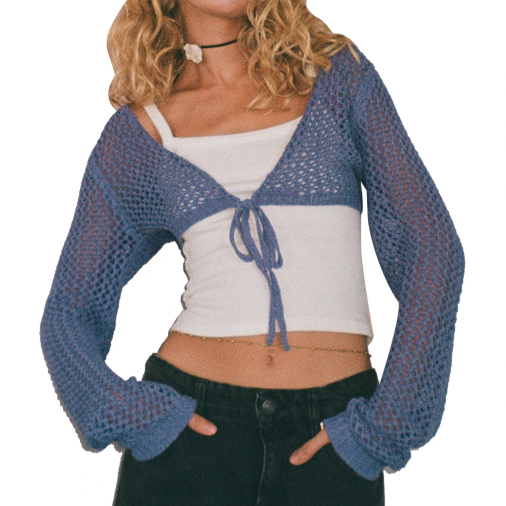 Women Hollow Out Crop Top Casual Long Sleeve Tie Front Knitted Shrug for Daily Life Blue XL