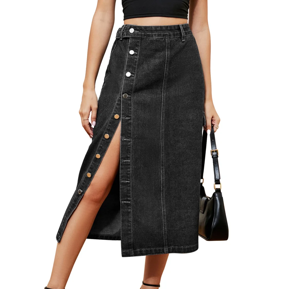 Women Casual Skirt Half Elastic Waist Side Split Button Front Fashion Midi Skirt for Daily Life Charcoal Grey S