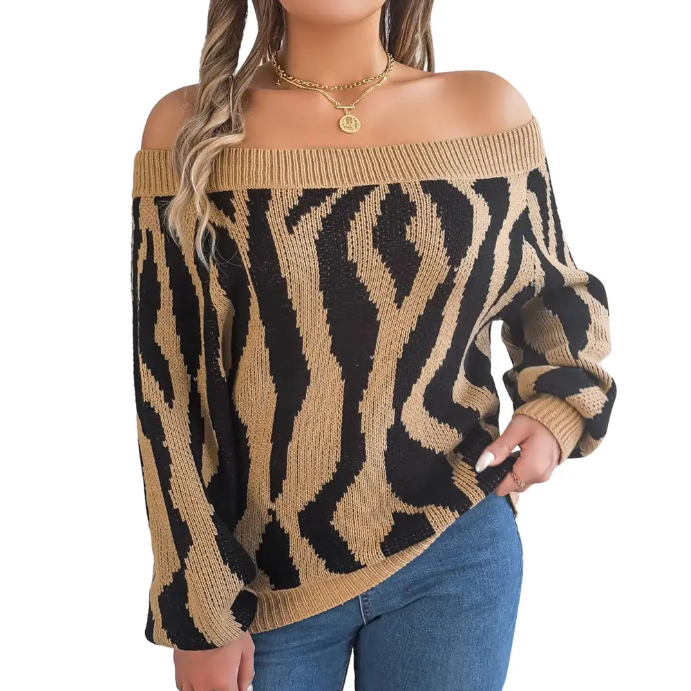 Women Off Shoulder Lantern Sleeve Sweater Color Blocking Loose Fit Knit Pullover Top Khaki S