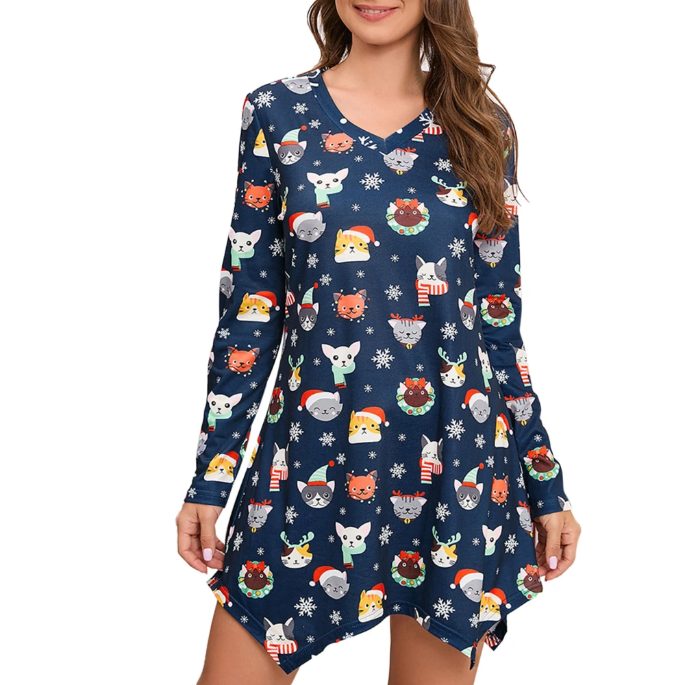 V Neckline Printed Dress Long Sleeve Casual Fitted Irregular Hem Short Dress for Christmas Women Blue Cat L