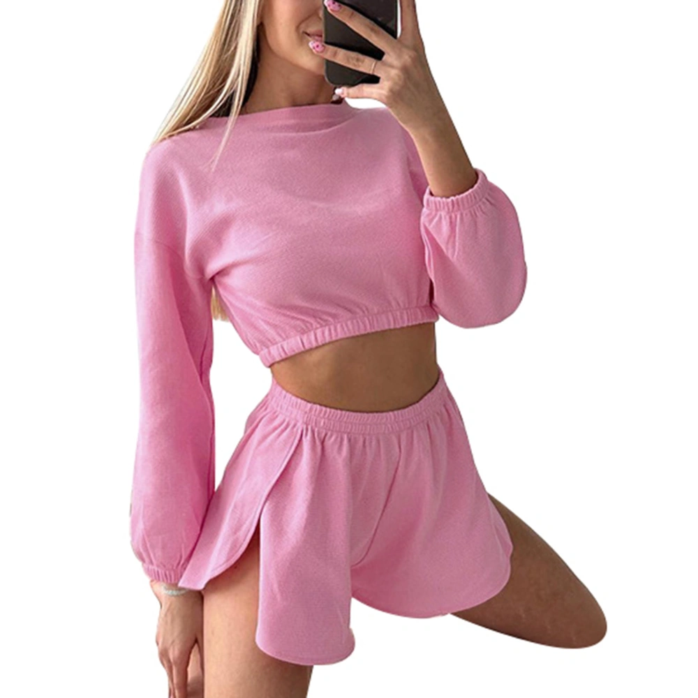 Women Long Sleeves Top Shorts Set Pure Color Elastic Waist Side Split Casual 2 Piece Outfits for Home Wear Pink M