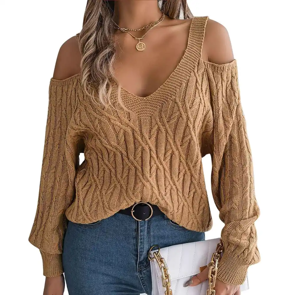 Women Sweater Pure Color V Neck Long Sleeve Cold Shoulder Twisted Pattern Sweater Khaki L