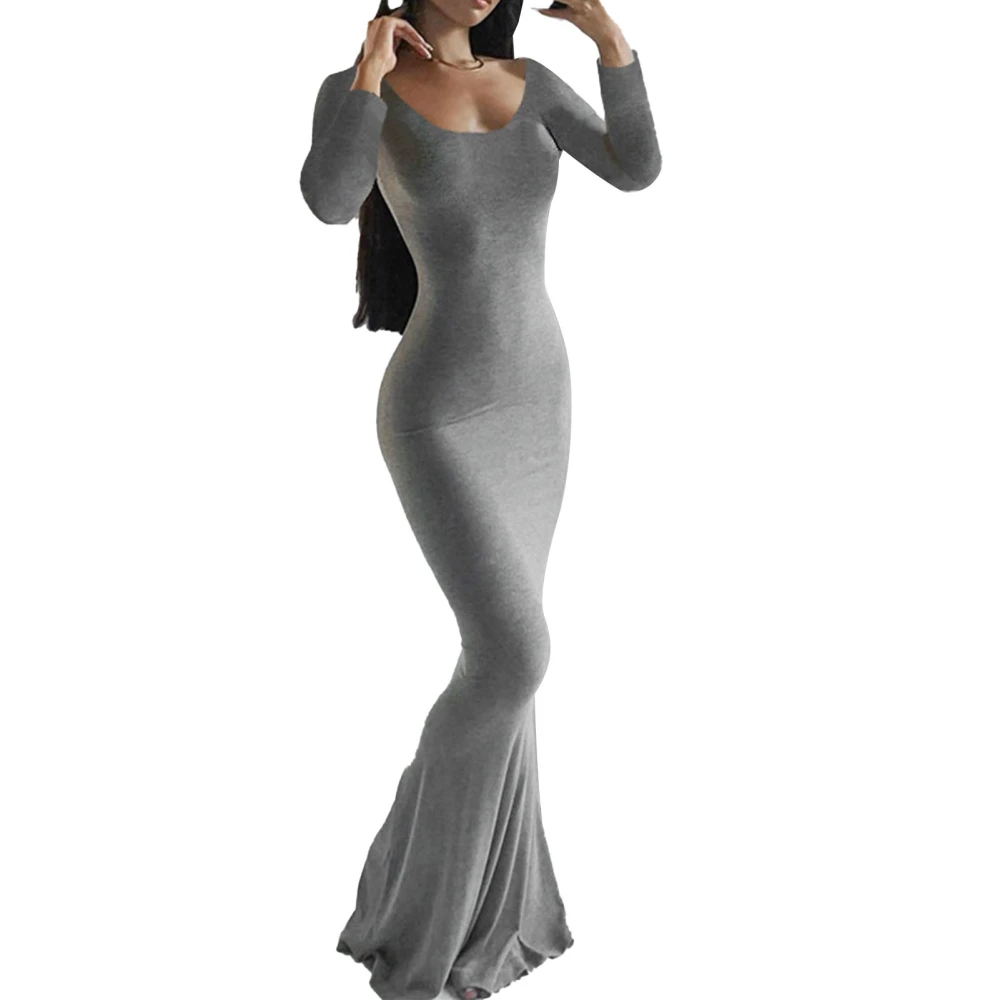 Maxi Tight Dress Round Neck Long Sleeve Slim Elegant Casual Lounge Dress for Wedding Party Dating Grey XL