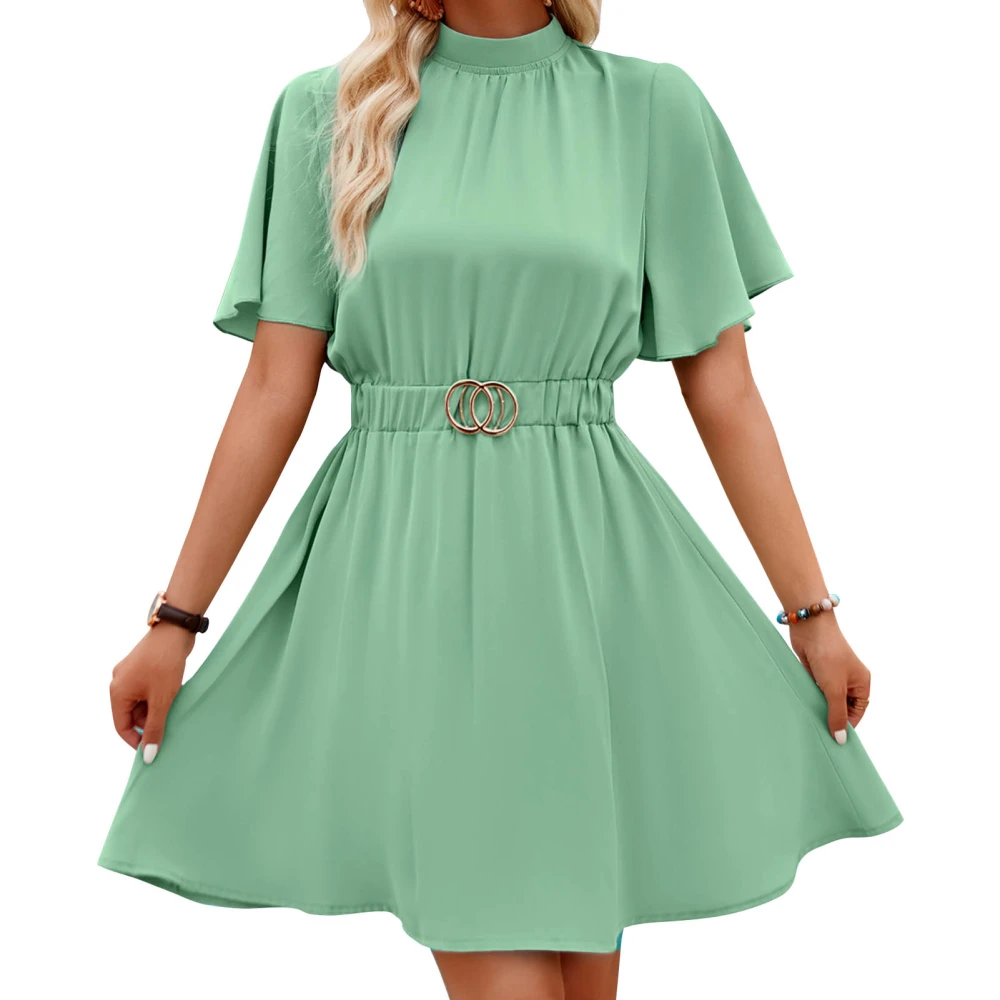 Women Half High Neck Short Dress Elastic Waist Pure Color Ruffle Short Sleeve Flowy Dress Light Green L