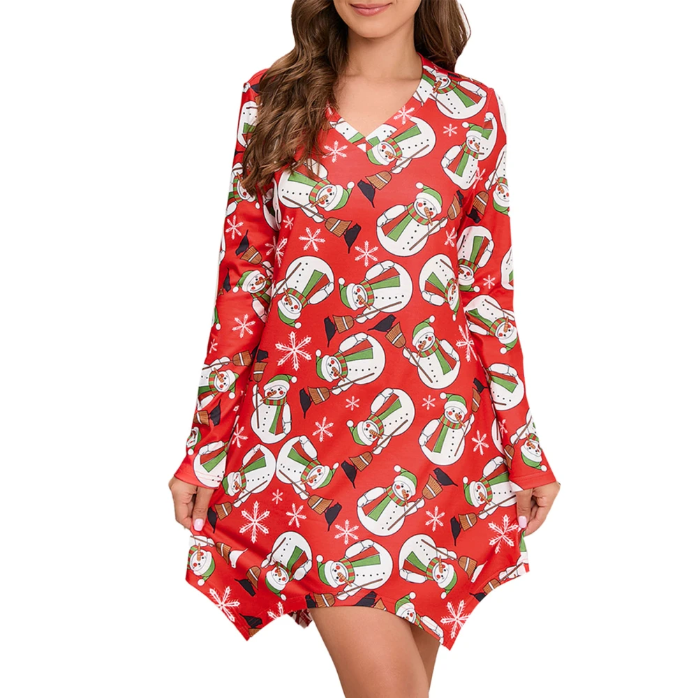 V Neckline Printed Dress Long Sleeve Casual Fitted Irregular Hem Short Dress for Christmas Women Red Snowman M