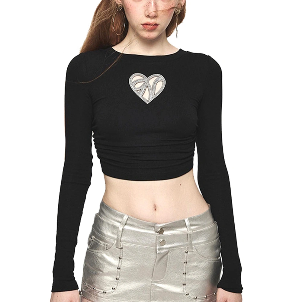 Women Backless Slim Fit T Shirt Crew Neck Chest Heart Shape Cutout Ruched Drawstring Tee Top Black L