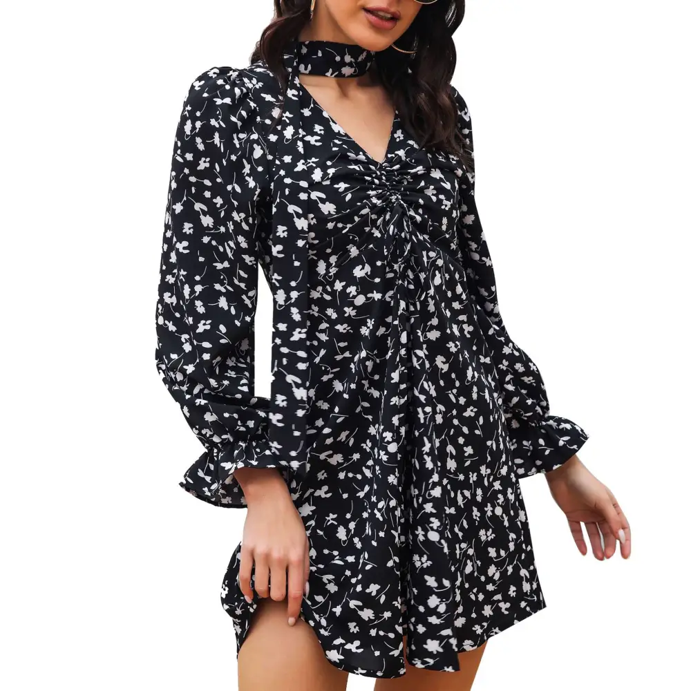 Women Halter V Neck Dress Floral Printed Flared Long Sleeve Drawstring Ruched Short Dress Black L