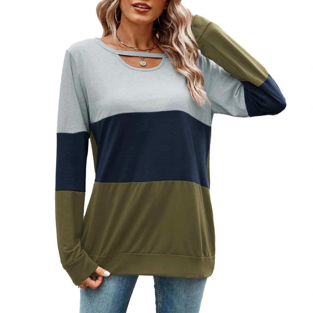 Color Block Cut Out Neck Top Casual Fitted Color Block Long Sleeve Blouse for Women Grey Blue Green L