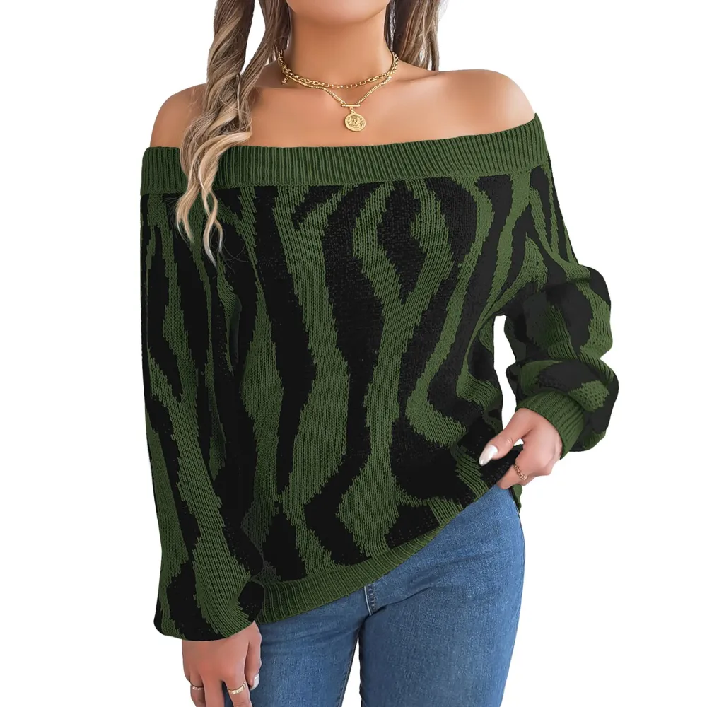 Women Off Shoulder Lantern Sleeve Sweater Color Blocking Loose Fit Knit Pullover Top OD Green L