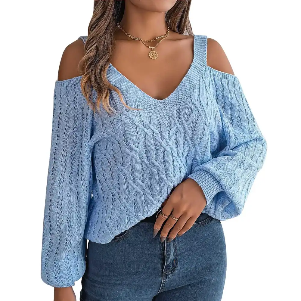 Women Sweater Pure Color V Neck Long Sleeve Cold Shoulder Twisted Pattern Sweater Light Blue S