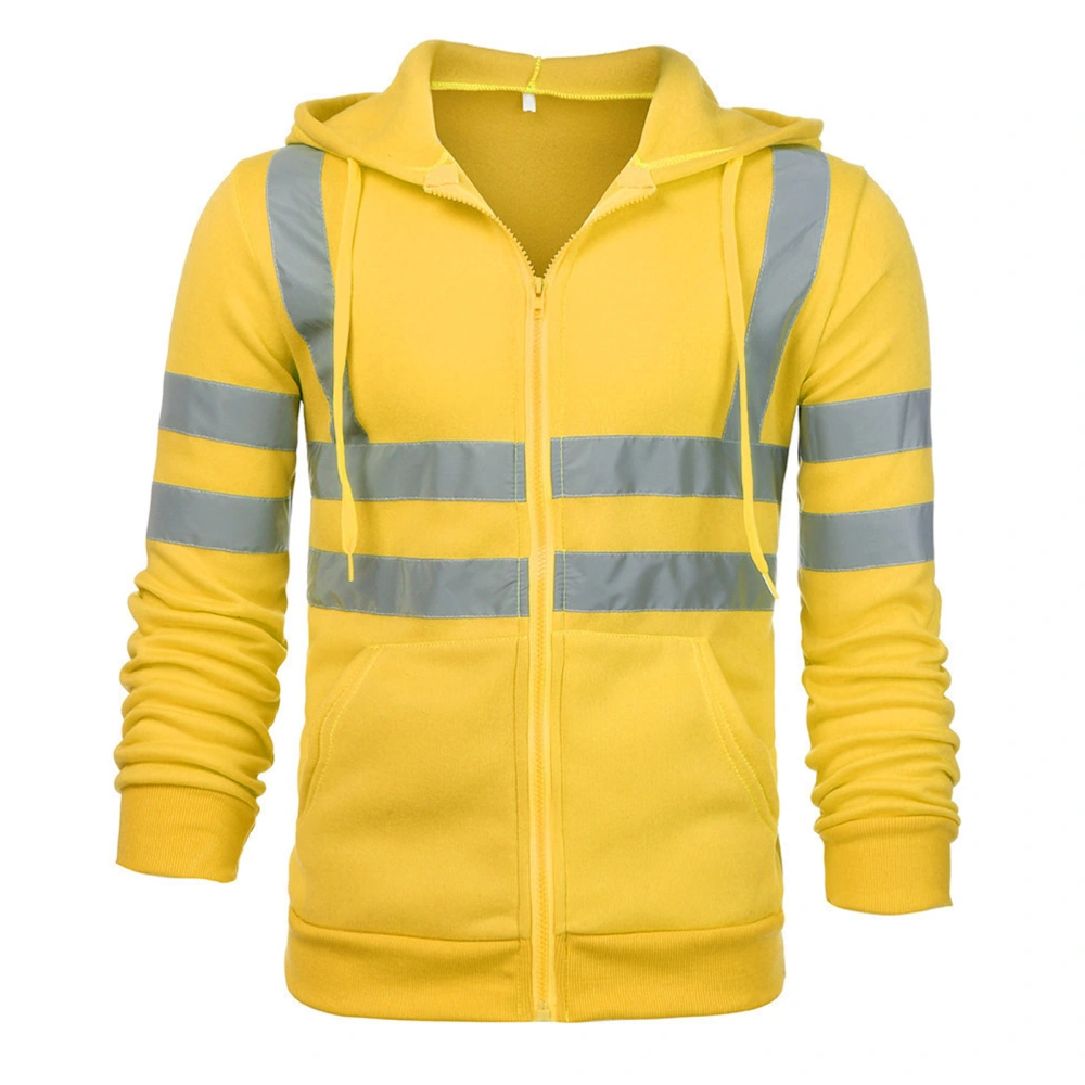 Men High Visibility Safety Sweatshirt Reflective Strips Zippered Fleece Windproof Hi Vis Security Jacket Yellow XL