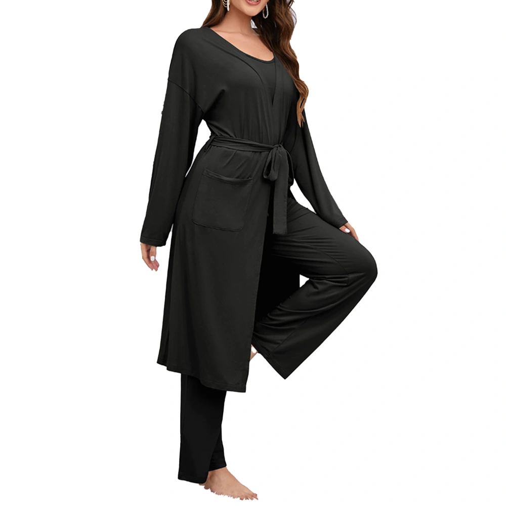 Women Coat Vest Pants Set Long Sleeve Pocket Elastic Waist 3 Pieces Women Robe Lounge Set Black XL