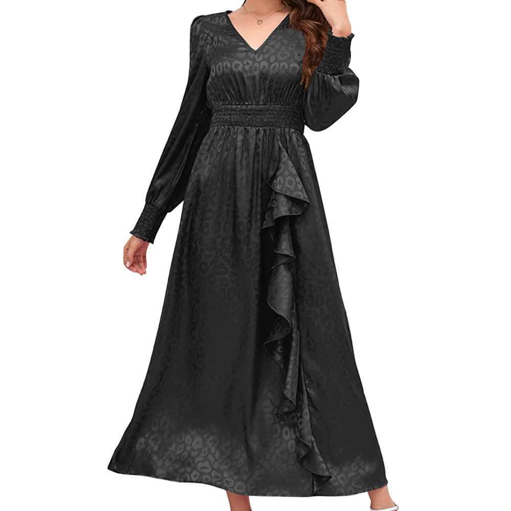 Women Maxi Dress V Neck Long Sleeve Ruffled Fashionable Backless Casual Dress for Party Vacation Black S