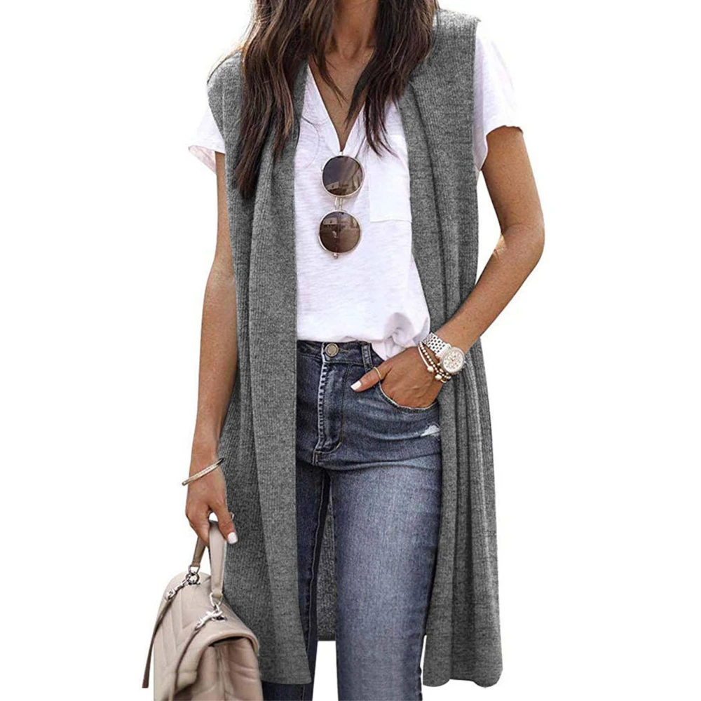 Women Sleeveless Jacket Medium Length Pure Color Open Front Waistcoat for Spring Autumn Light Gray L