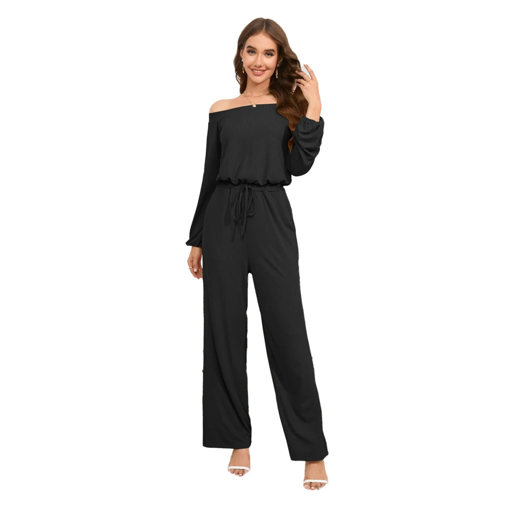 Women Off Shoulder Jumpsuit Wide Legs Elastic Waist Loose Fitting Summer One Piece Outfits Pants Black XL